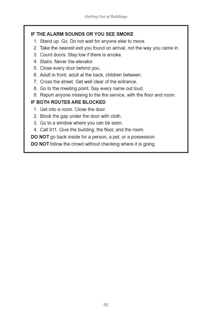 Page 95 of the guide: a boxed Family Action Card headed If the alarm sounds or you see smoke, with nine numbered instructions and two DO NOT rules.