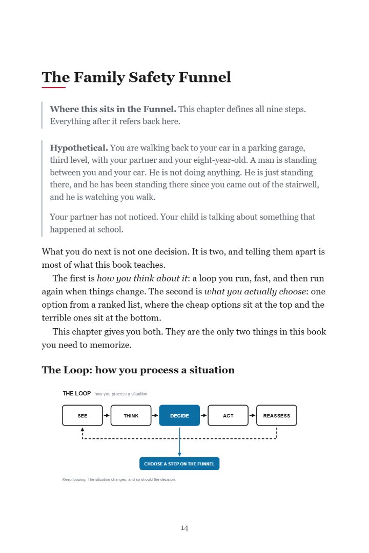 Page 14 of the guide: the opening of Chapter 2, The Family Safety Funnel, with its marked hypothetical scenario about a man standing in a parking garage, and the Loop diagram.
